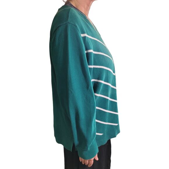 LIZ CLAIBORNE Womens Green Chevron Sweater Sz 2X V-Neck Minimalist Graphic - Picture 7 of 8